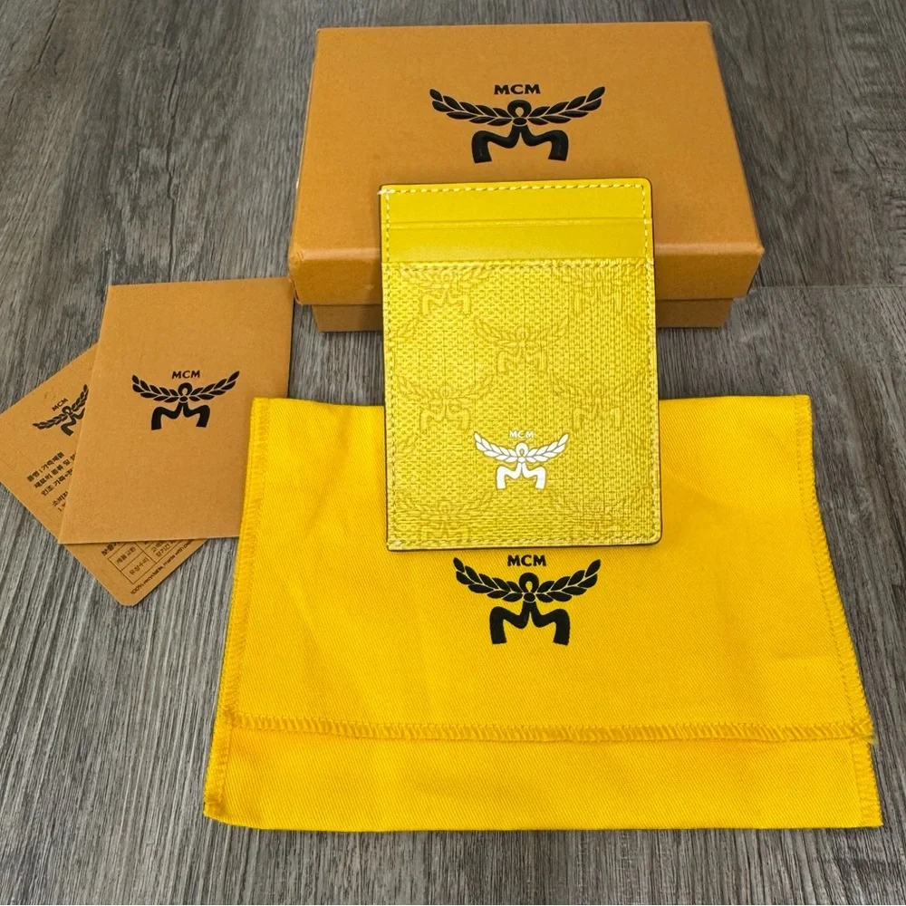 MCM Logo Himmel Lauretos Canvas Card Case Wallet in Lemon Gold